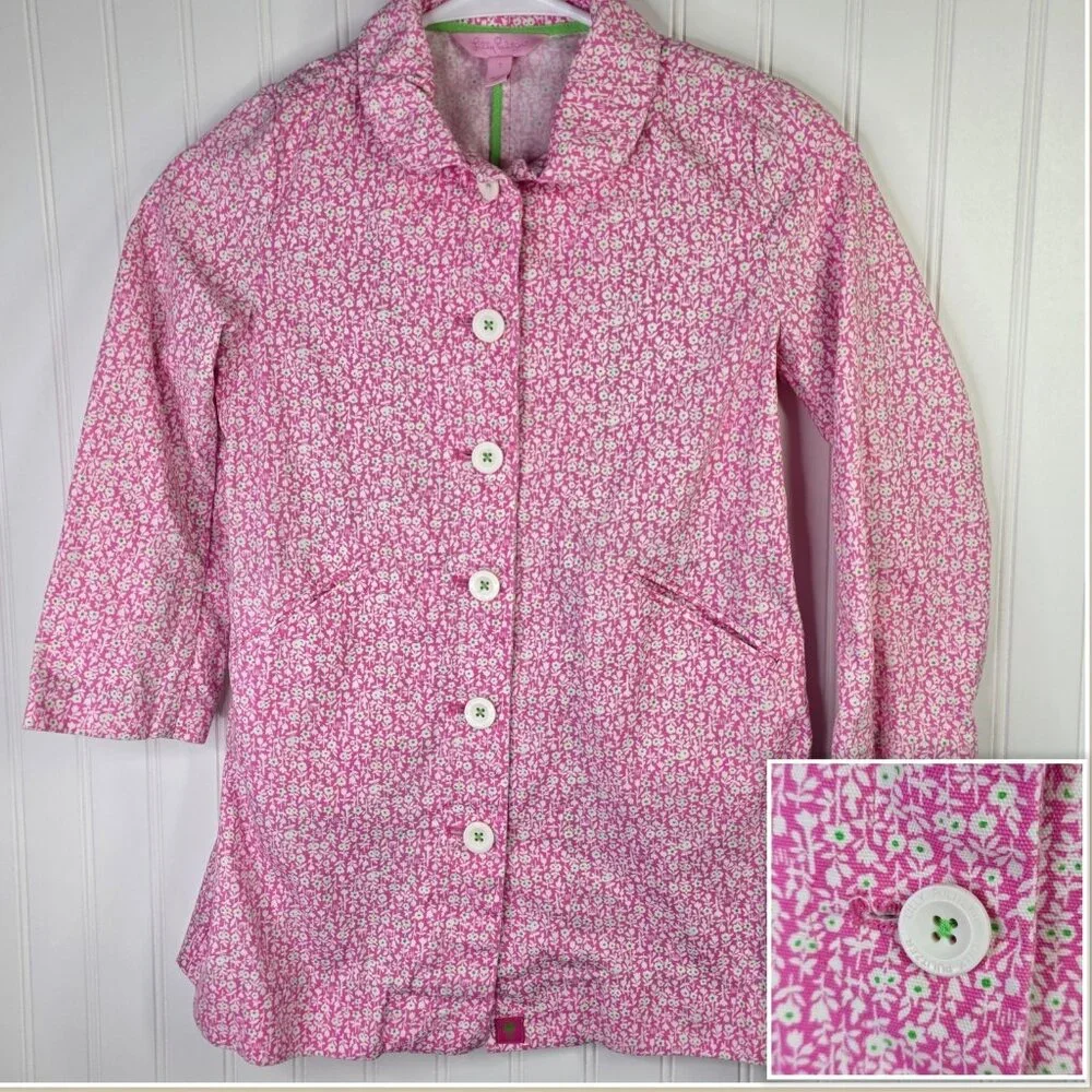 Lilly Pulitzer Coat Girls 7 Pink Floral Button Lightweight Spring Jacket Casual